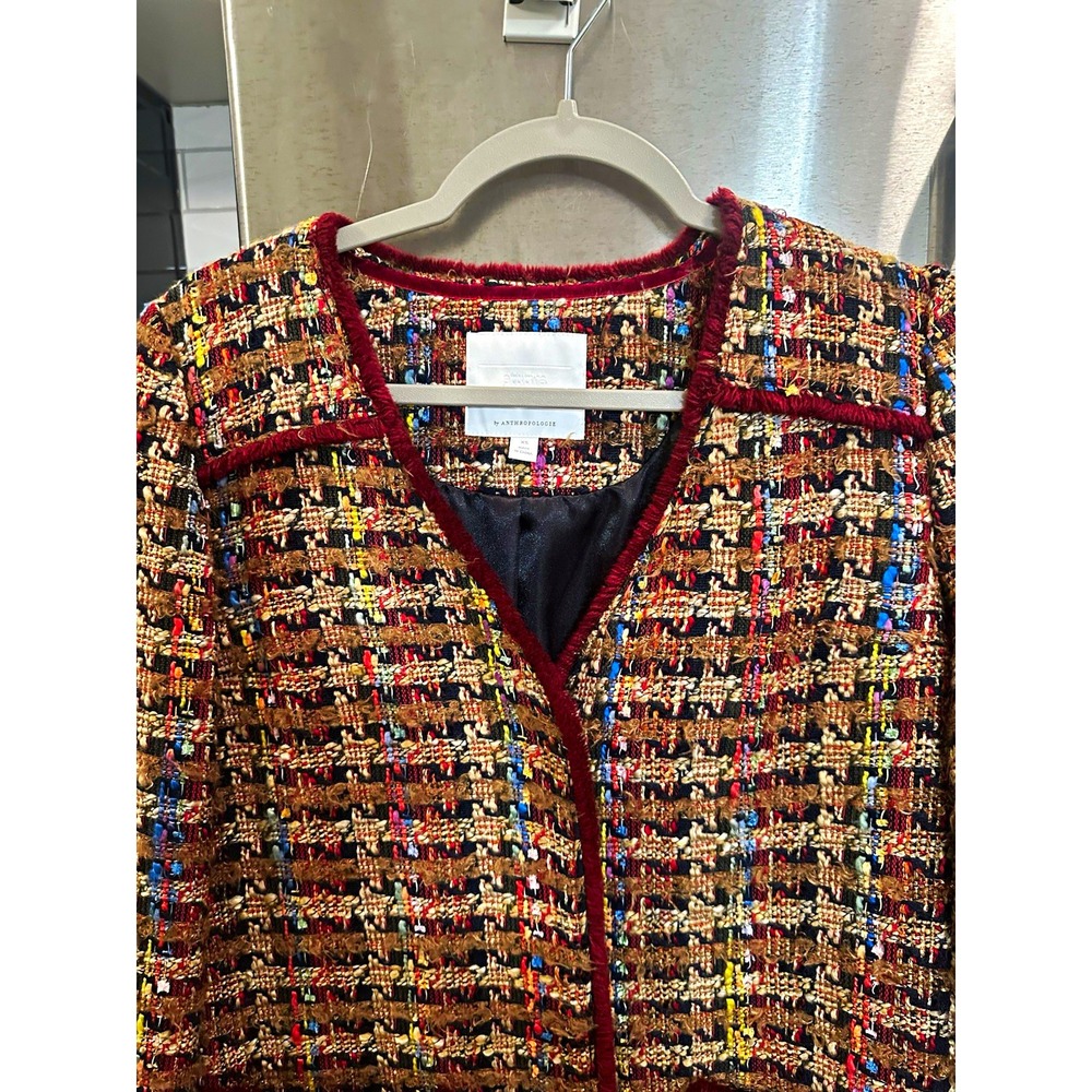 ETT:TWA Anthropologie XS Boucle Tweed Longline Jacket Fringe Rich Eccentric